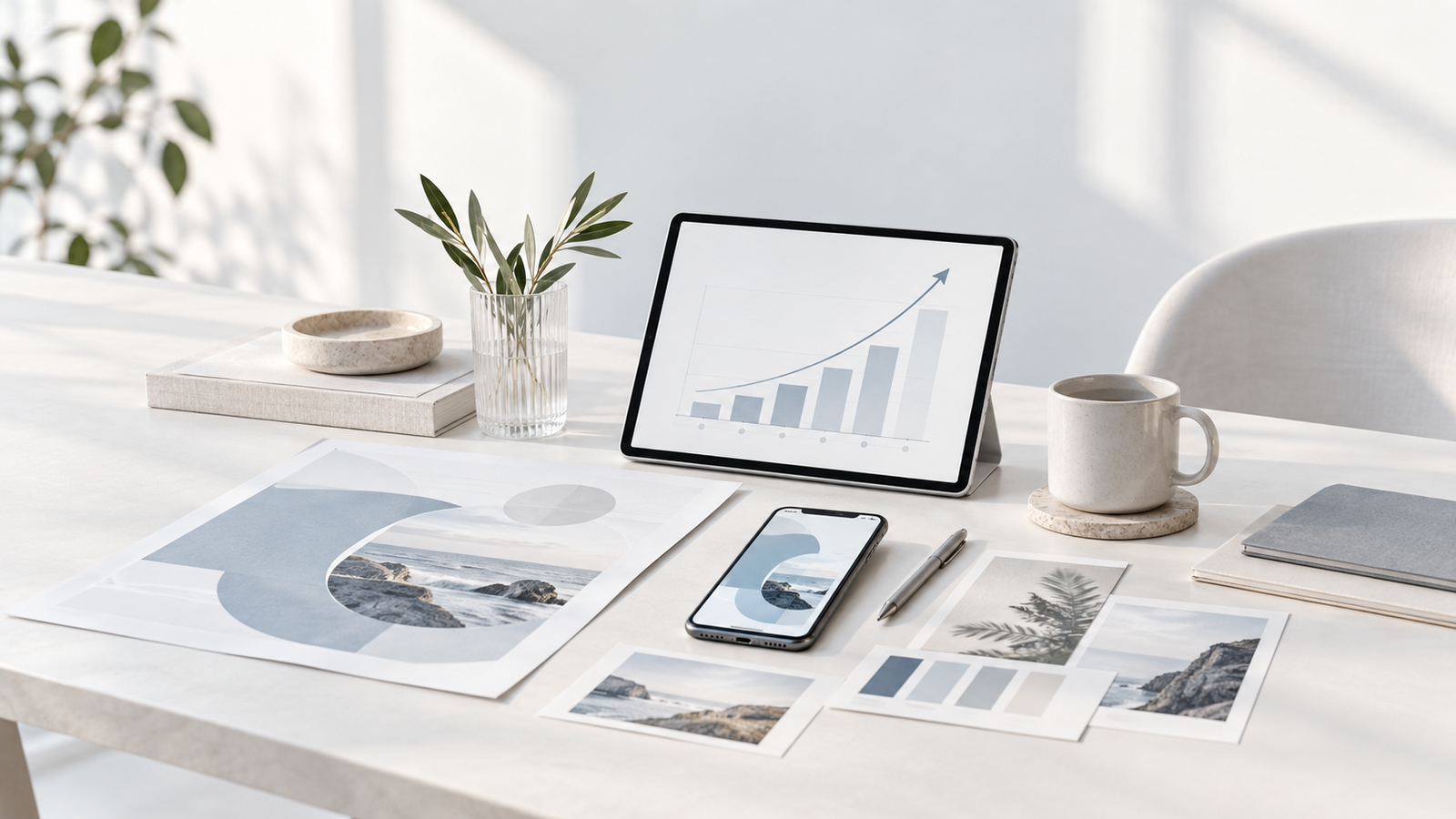 Campaign creative across print and mobile beside a growth chart