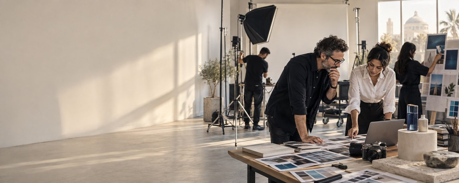 Creative team reviewing campaign production in a studio